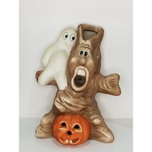Vintage WNS Halloween Ceramic Candle Holder Ghost in Haunted Tree
